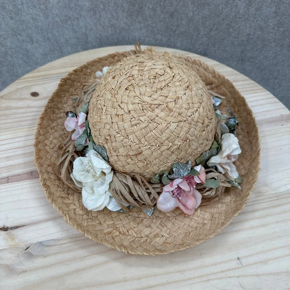 Cappelli Straw Sun Hat OS Tan Floral Raffia Bow Wide Brim Beach Hat Flowers
